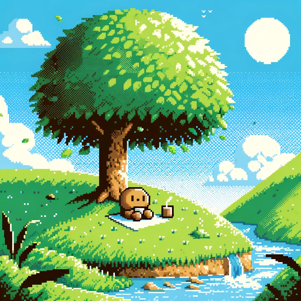 Pixel art of a small character resting under a large leafy tree on a green hill, next to a gentle stream under a clear blue sky.
